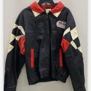VTG Burk's Bay Racing Leather Jacket Checkered Flag Black Red White Moto - XL